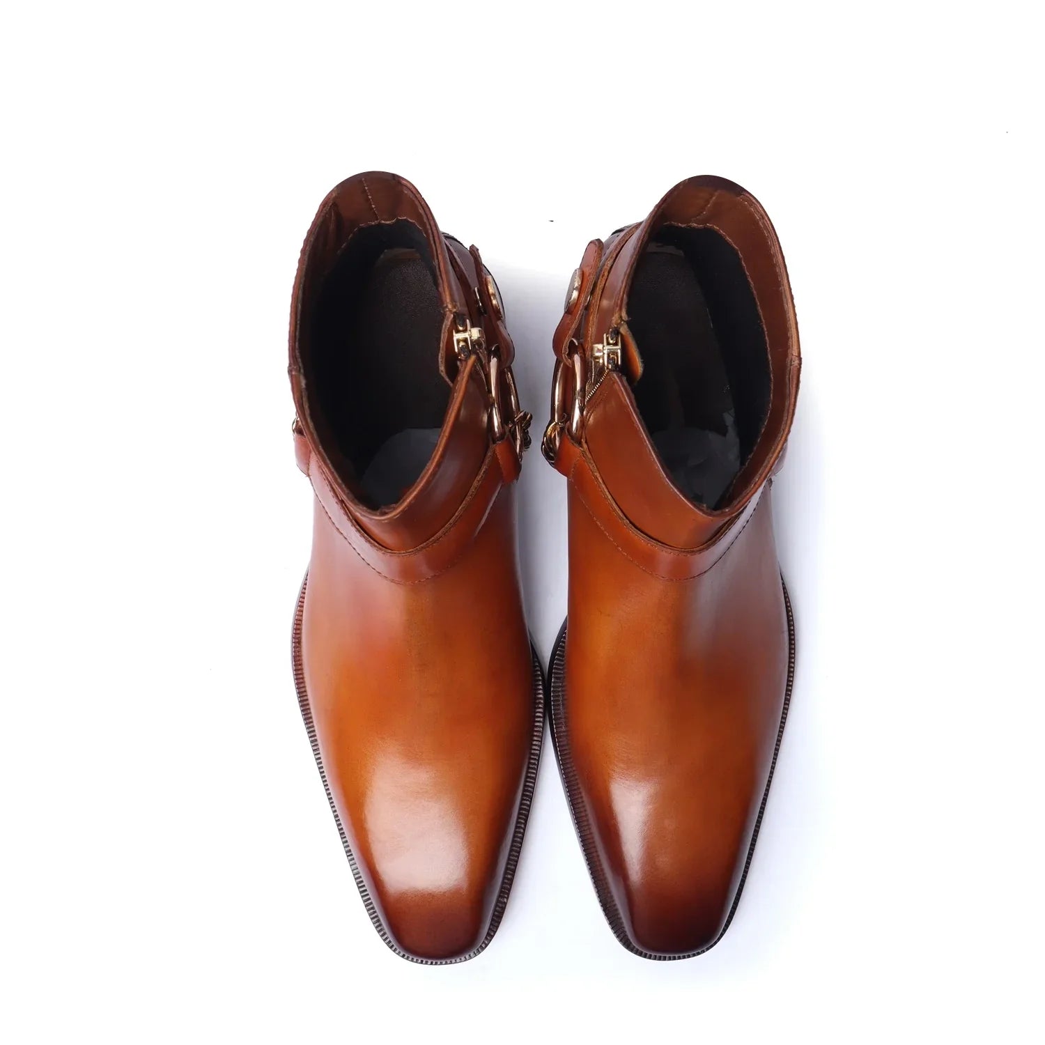 Tan Cuban Chelsea Boots with Side Zip & Stylish Goden Chain