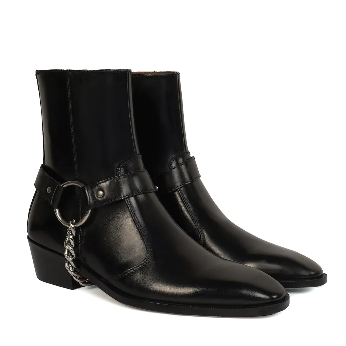 Black Leather High Ankle Cuban Boots With Stylish Silver Chain