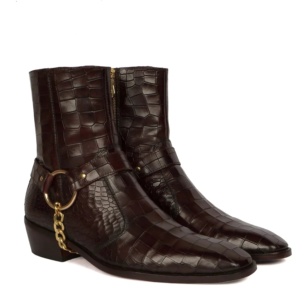 Dark Brown Cuban Boots with Stylish Golden Chain
