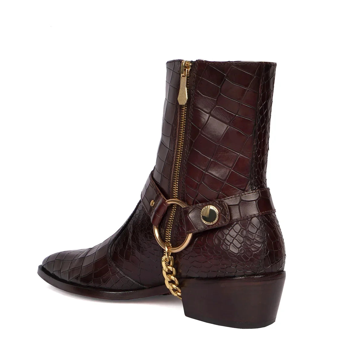 Dark Brown Cuban Boots with Stylish Golden Chain