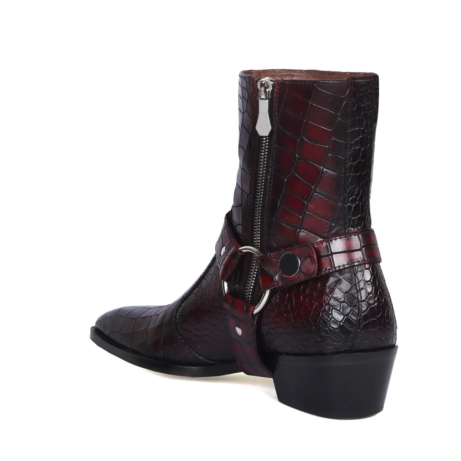 Smokey Wine Cuban Heel Croco Textured Leather Boots