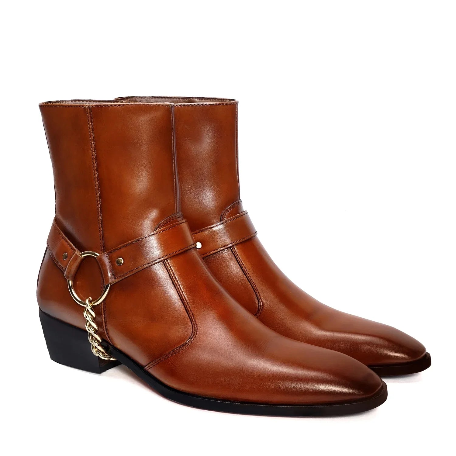 Tan Hybrid Chain Cuban Boots in Genuine Leather