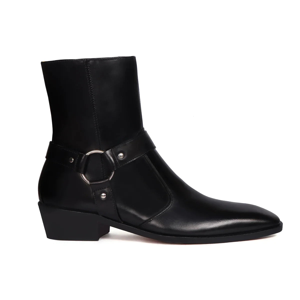 Stylish Buckle Strap Cuban Boots in Black Genuine Leather
