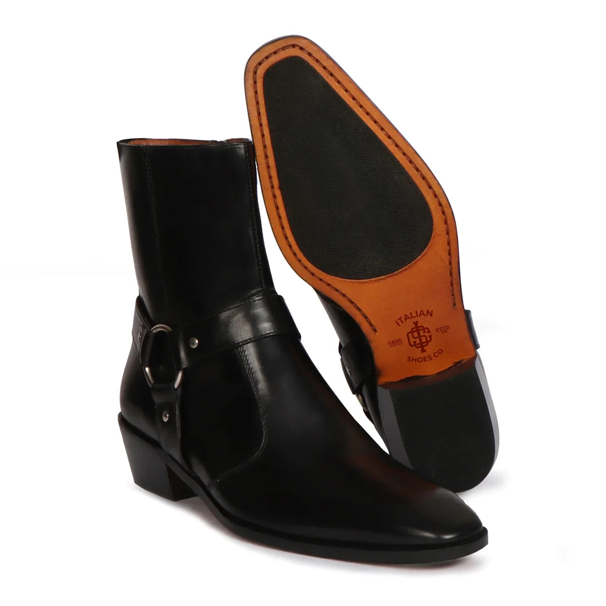 Stylish Buckle Strap Cuban Boots in Black Genuine Leather