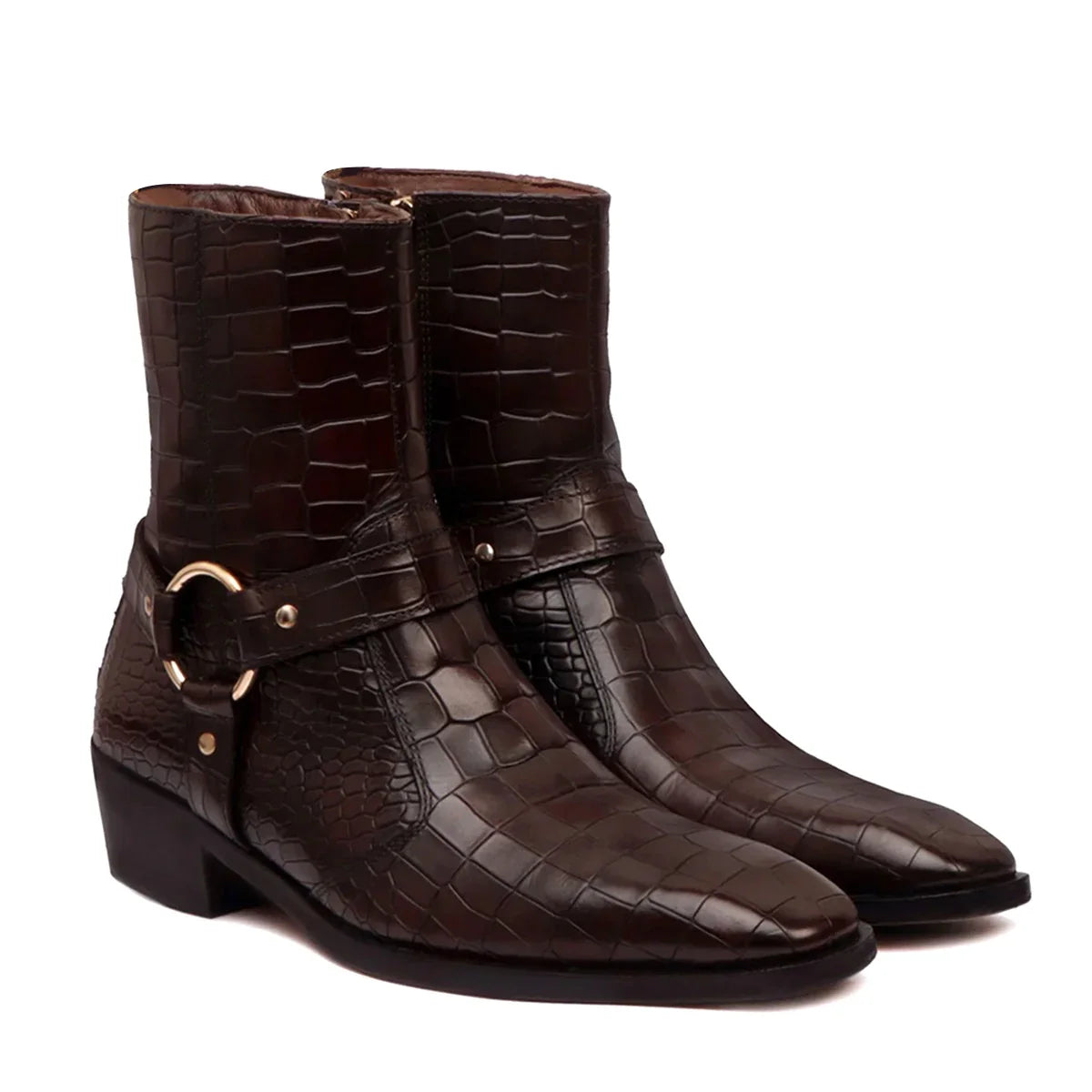 CUBAN BOOTS WITH STYLISH STRAP FOR MEN IN DARK BROWN DEEP CUT LEATHER