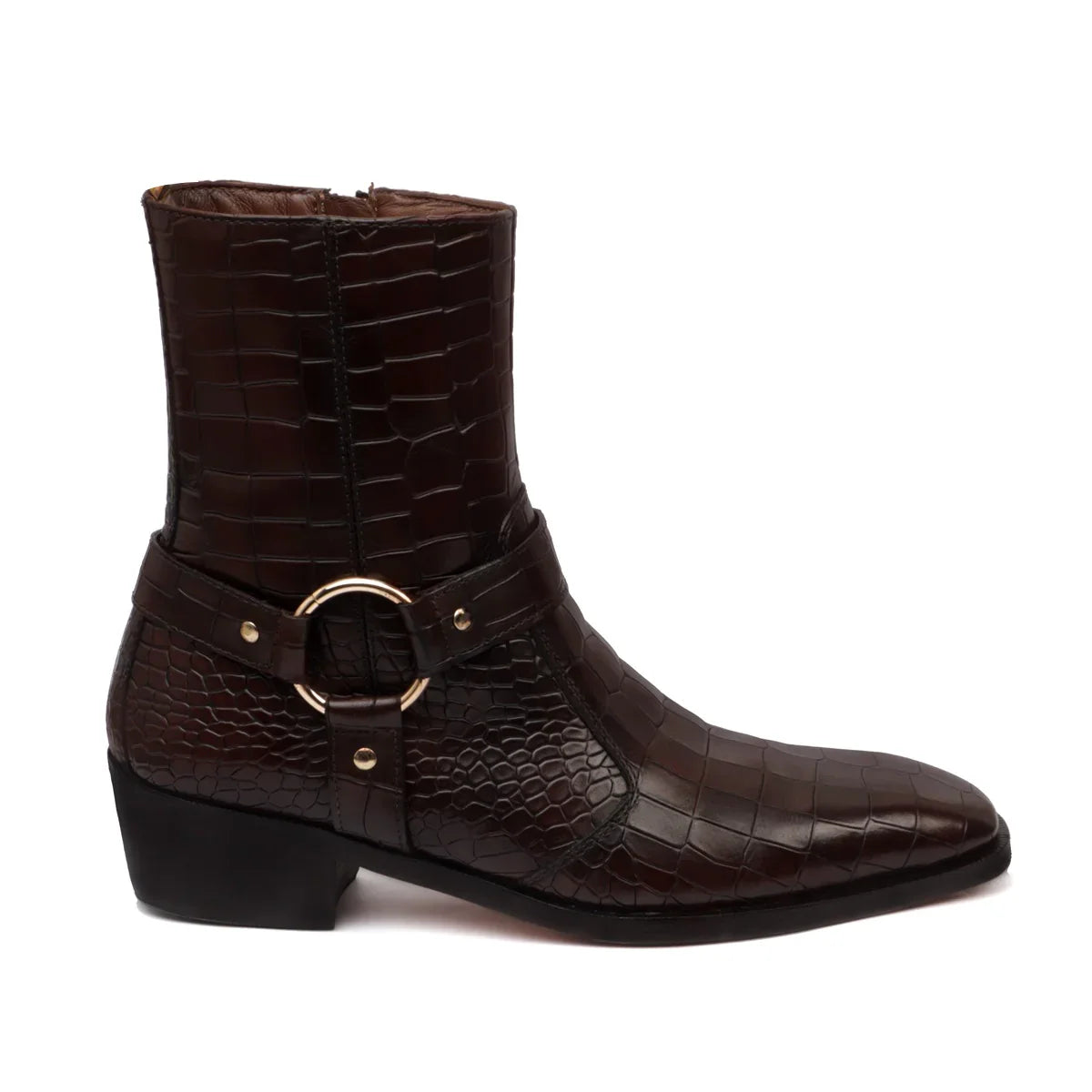 CUBAN BOOTS WITH STYLISH STRAP FOR MEN IN DARK BROWN DEEP CUT LEATHER