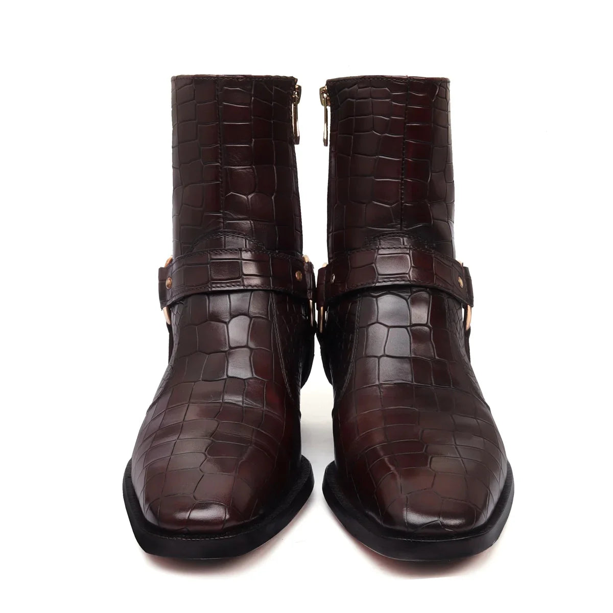 CUBAN BOOTS WITH STYLISH STRAP FOR MEN IN DARK BROWN DEEP CUT LEATHER