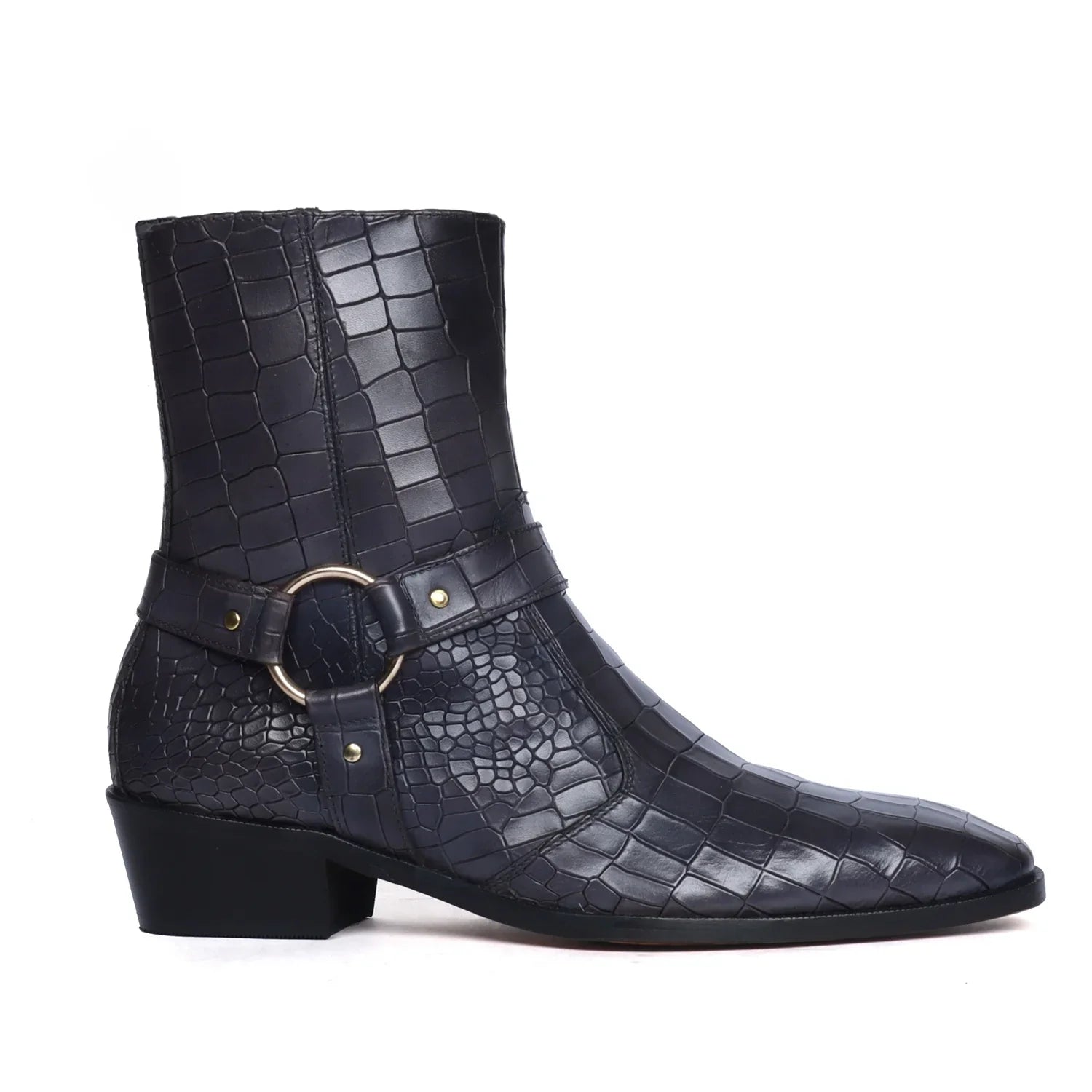 Grey Leather Boots Perfect Cuban Heel with Stylish Buckle Strap