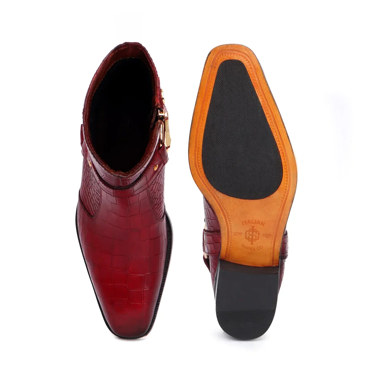Wine Chelsea Boots with Stylish Buckle Strap in Deep Cut Leather