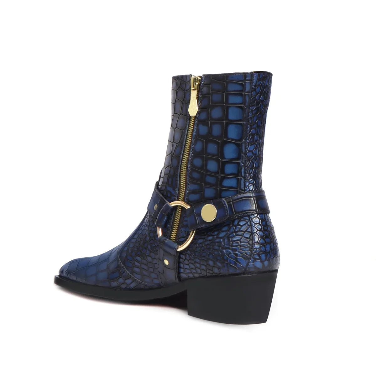 CUBAN BOOTS WITH STYLISH BUCKLE STRAP FOR MEN IN BLUE DEEP CUT LEATHER