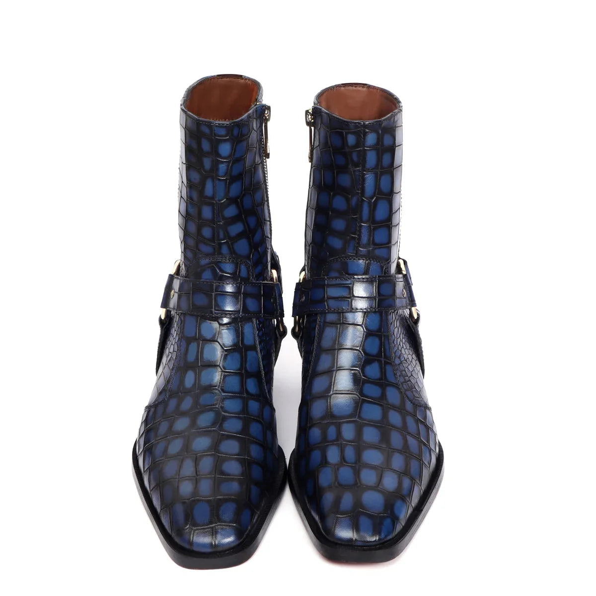 CUBAN BOOTS WITH STYLISH BUCKLE STRAP FOR MEN IN BLUE DEEP CUT LEATHER