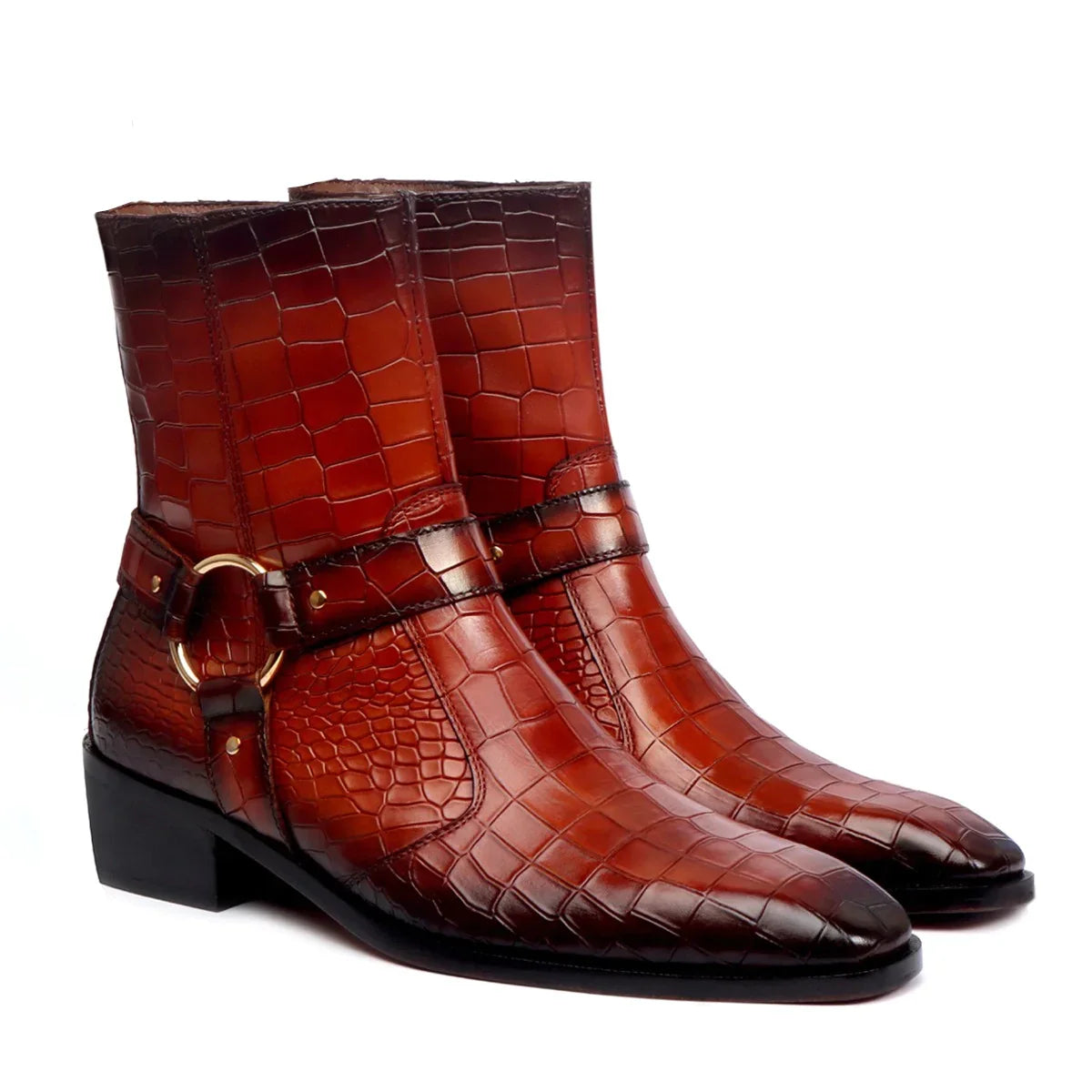 BUCKLE STRAP BURNISHED TAN CHELSEA BOOTS