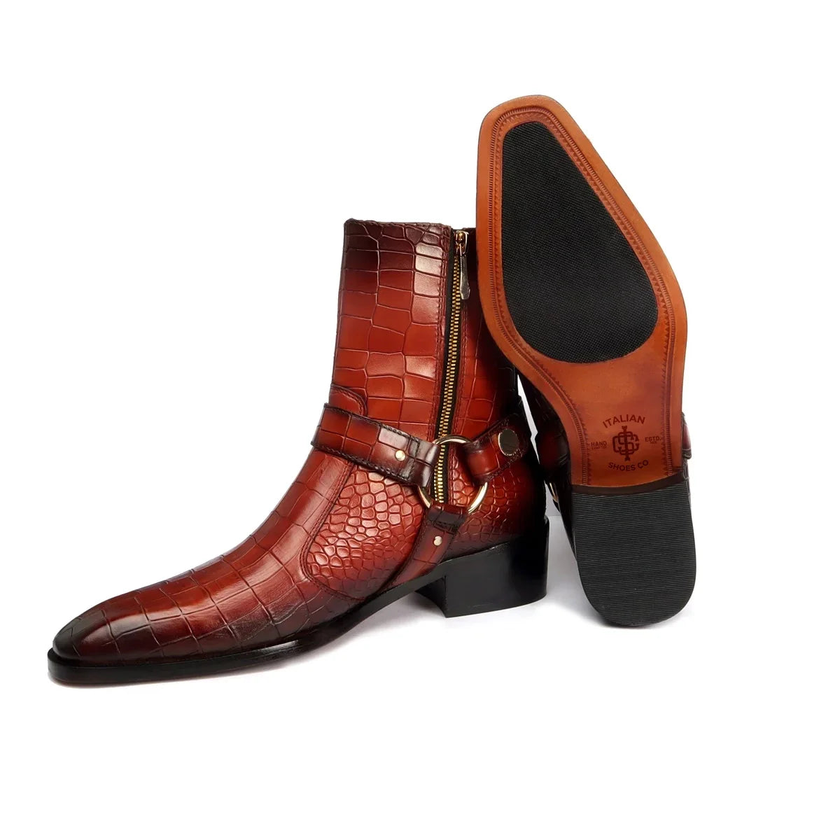 BUCKLE STRAP BURNISHED TAN CHELSEA BOOTS