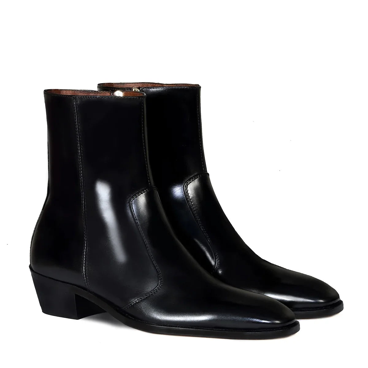 CUBAN HEEL BOOTS STITCHED BLACK LEATHER WITH ZIP CLOSURE