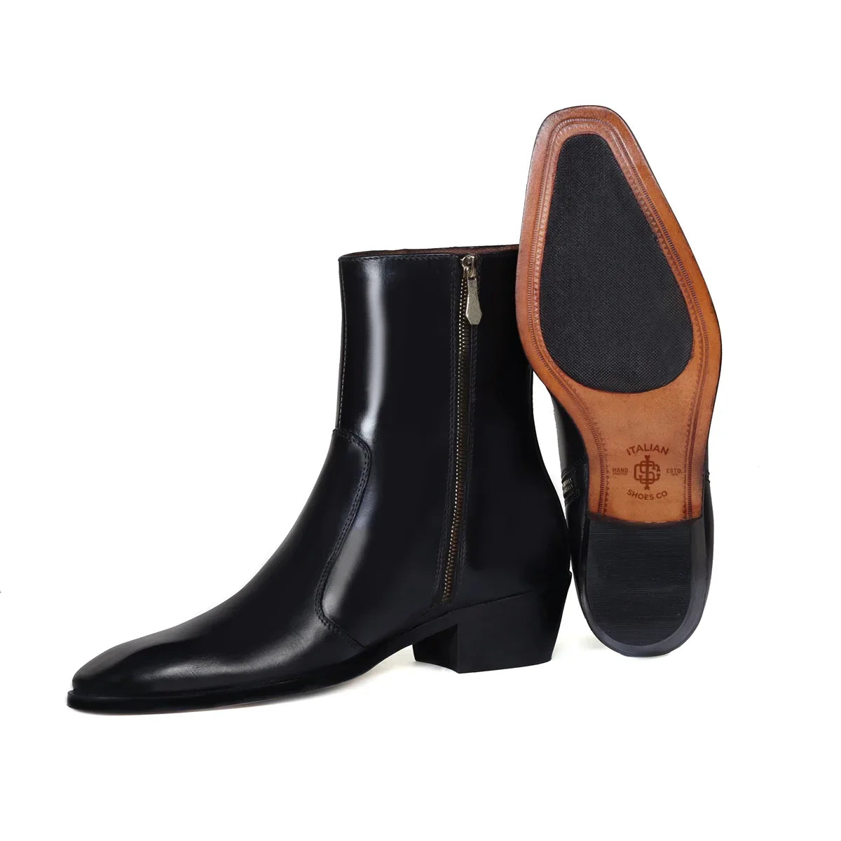 CUBAN HEEL BOOTS STITCHED BLACK LEATHER WITH ZIP CLOSURE