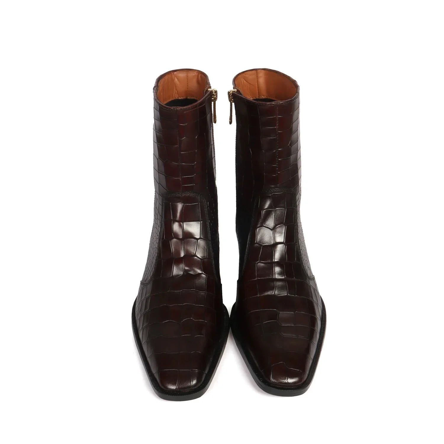 Cuban Heel Chelsea Boots Dark Brown Deep Cut Leather with Zip Closure