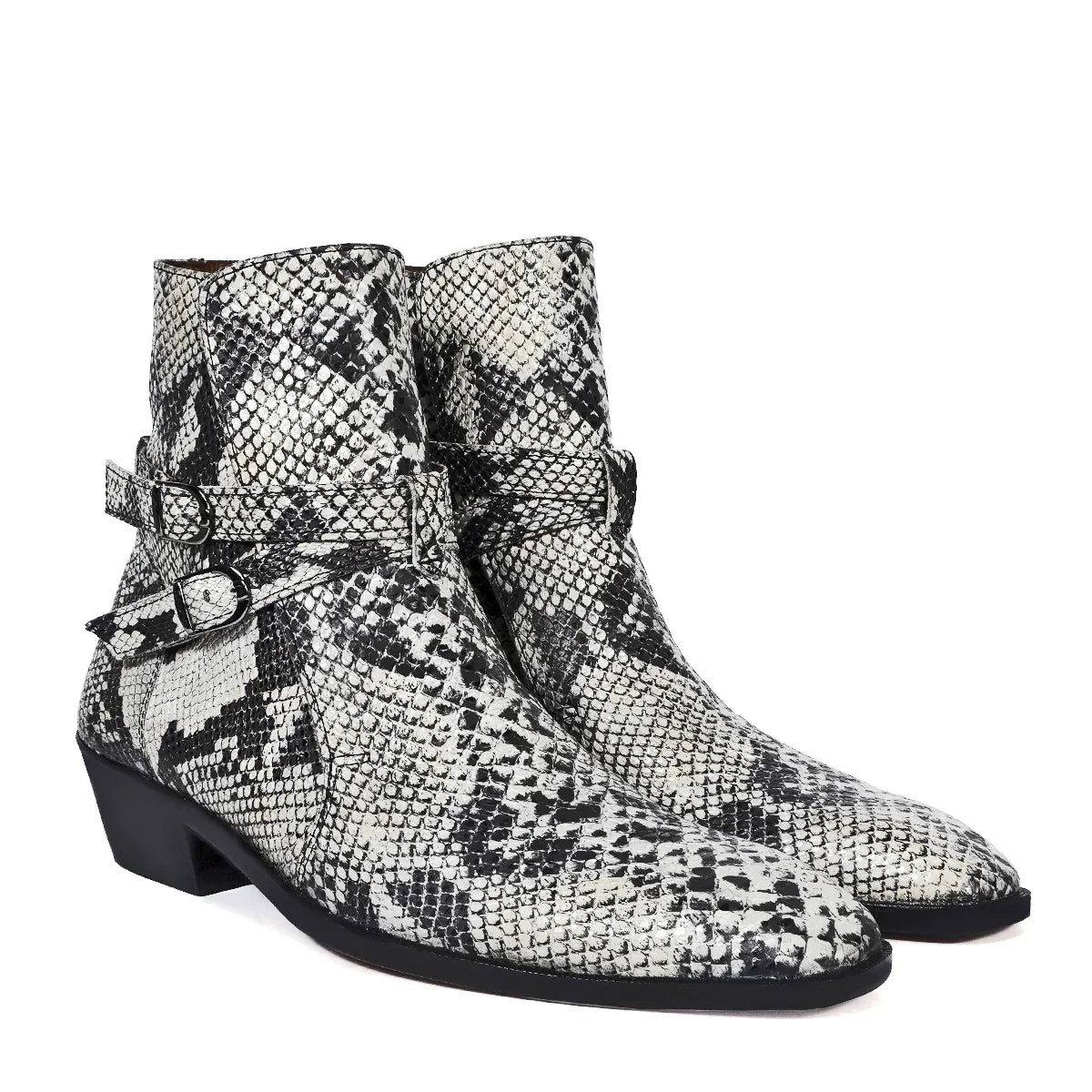 Jodhpuri Cuban Heel Boots in Black-White Snake Skin Textured Leather