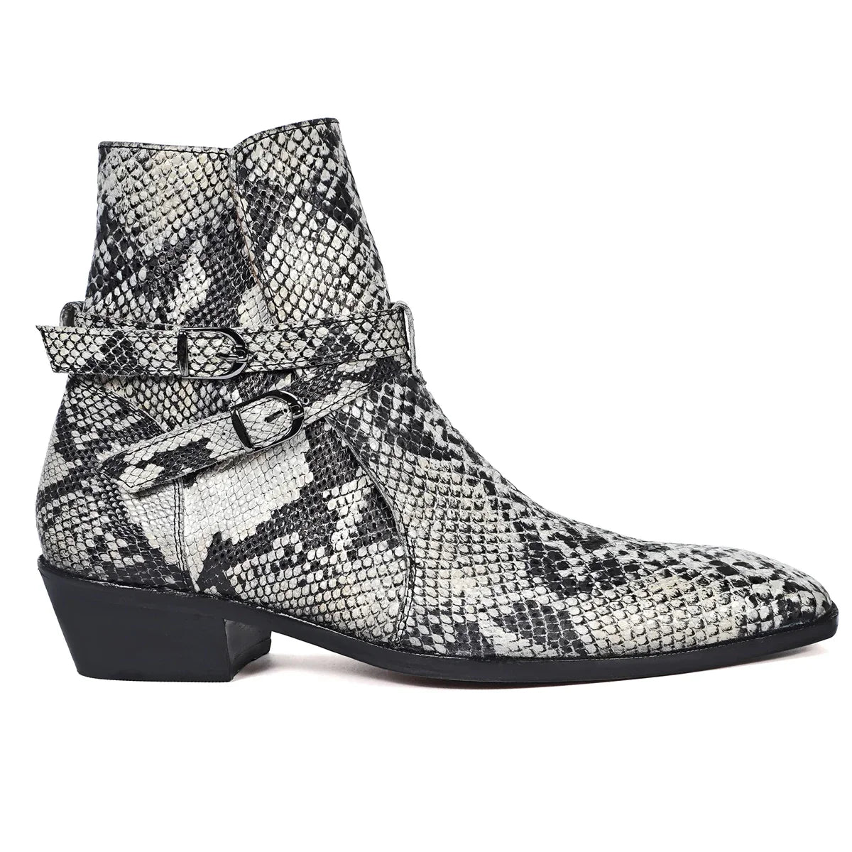 Jodhpuri Cuban Heel Boots in Black-White Snake Skin Textured Leather