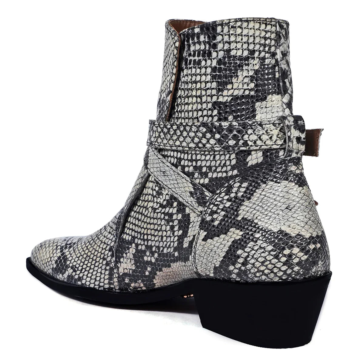 Jodhpuri Cuban Heel Boots in Black-White Snake Skin Textured Leather
