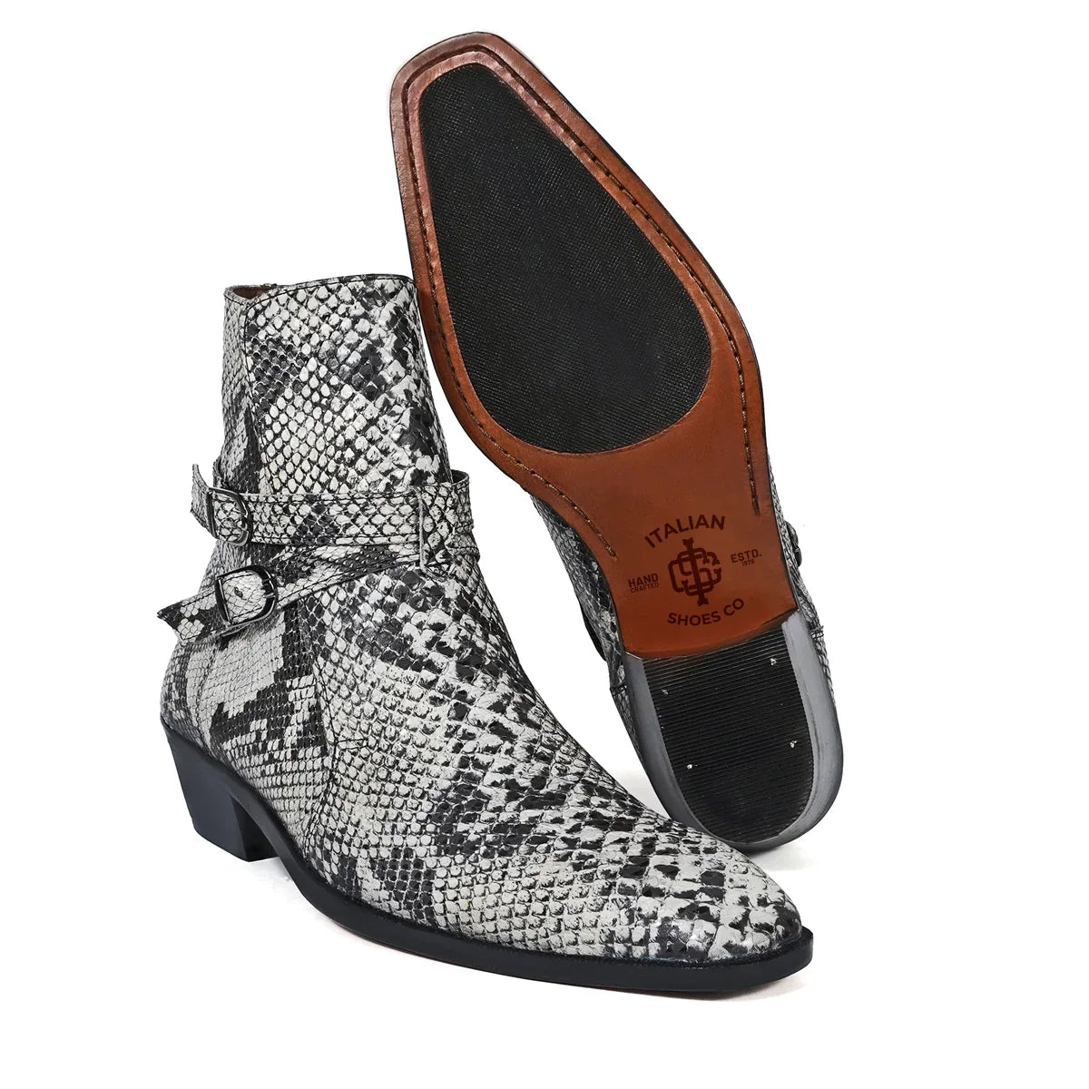 Jodhpuri Cuban Heel Boots in Black-White Snake Skin Textured Leather