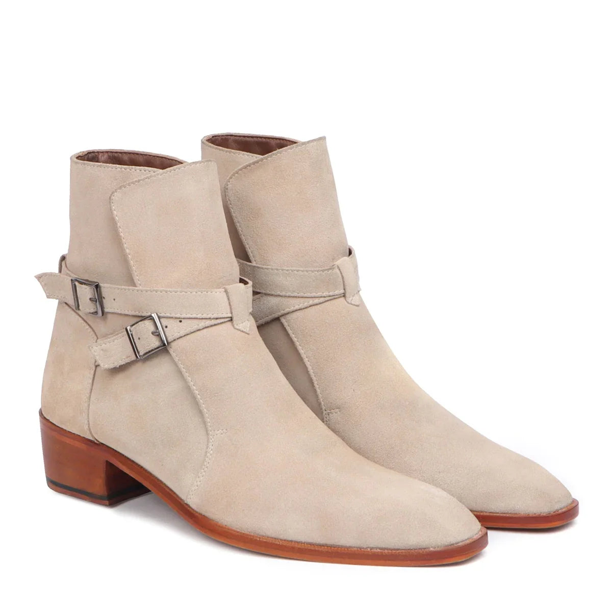 Jodhpuri Suede Leather Boots with Beige Ankle Wrap Around Buckle Strap