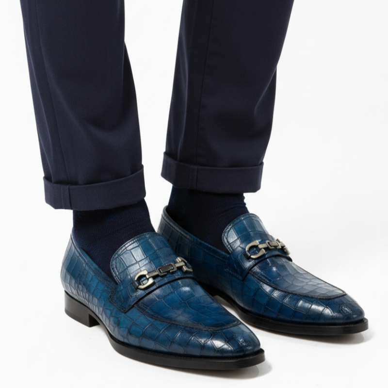 Crocodileäóïtextured Leather Loafers With Metallic Horsebit Ornament