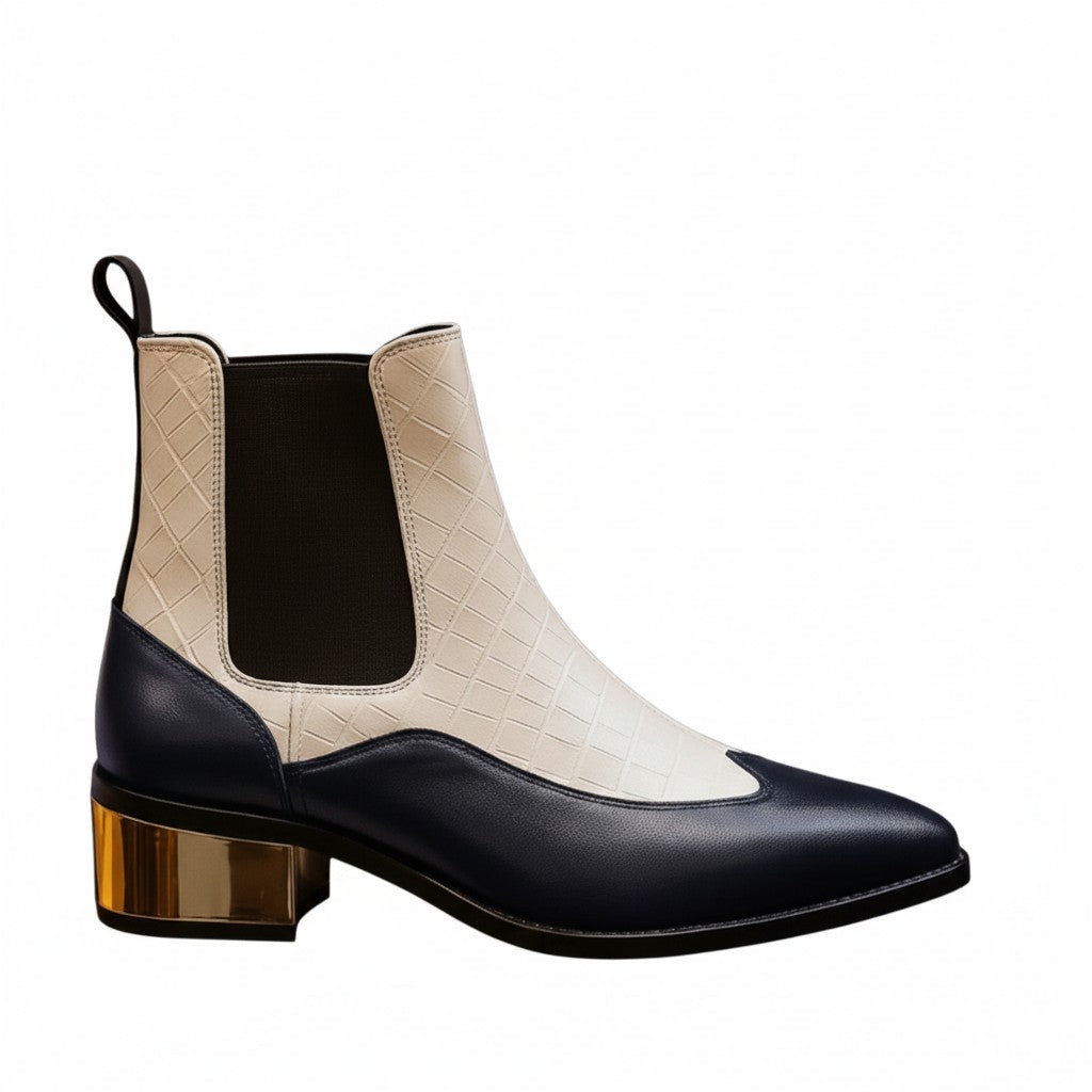 Luxury Dual Tone Croco Leather Chelsea Boots with Metallic Gold Heel