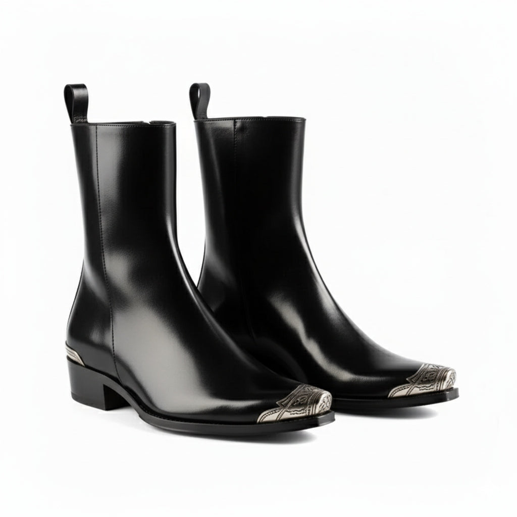 Patent Long Chelsea Boots with Silver Toe