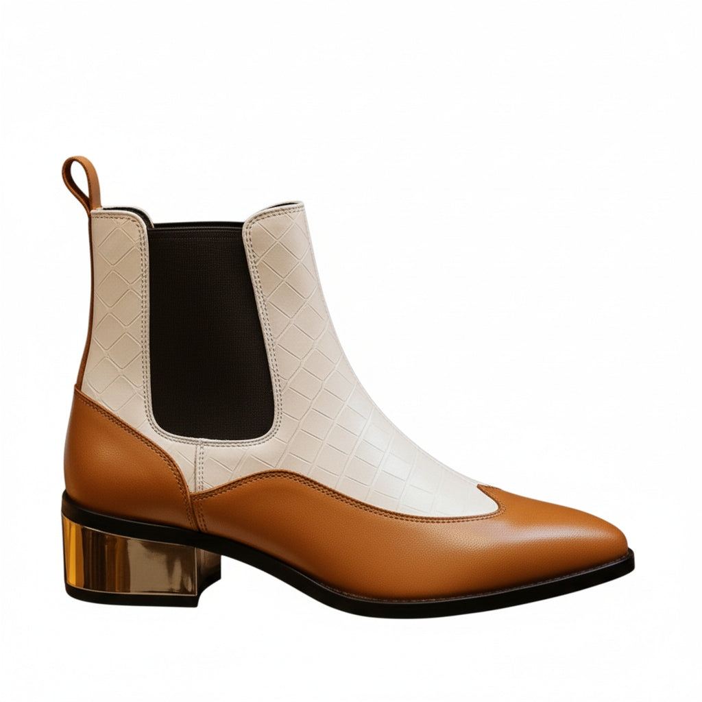 Luxury Dual Tone Croco Leather Chelsea Boots with Metallic Gold Heel