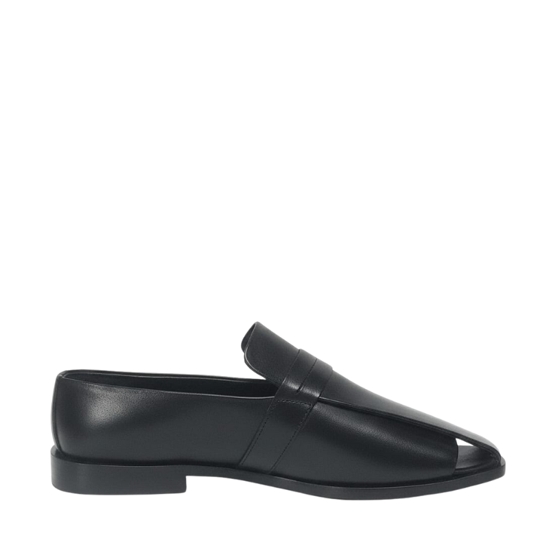 Italian Luxe Silver Emblem Open Toe Loafers