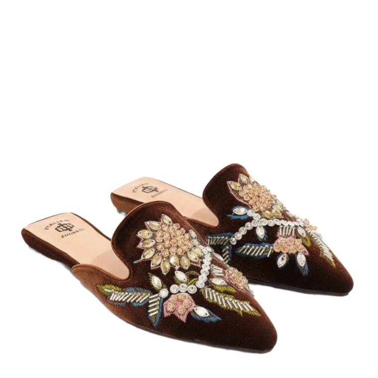 Floral Embroidered Midnight Velvet Women Mules