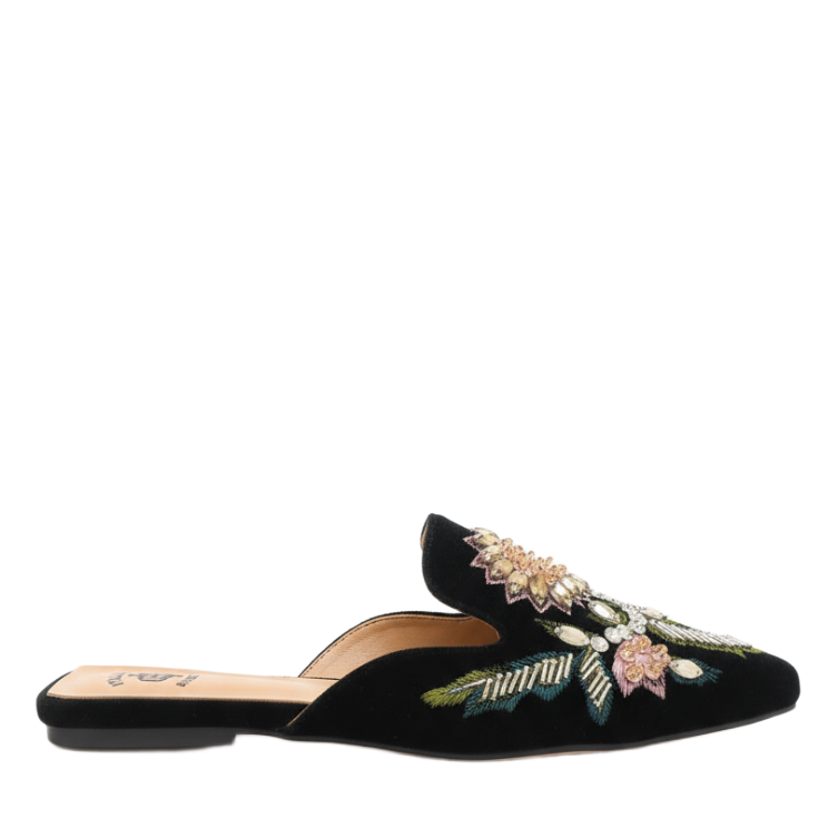 Floral Embroidered Midnight Velvet Women Mules
