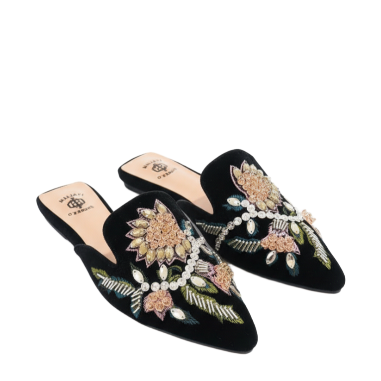 Floral Embroidered Midnight Velvet Women Mules