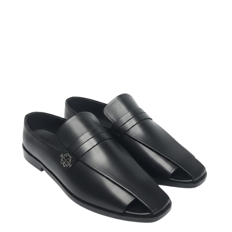 Italian Luxe Silver Emblem Open Toe Loafers