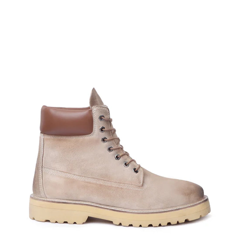Suede Leather Lace Up Biker Beige Boot