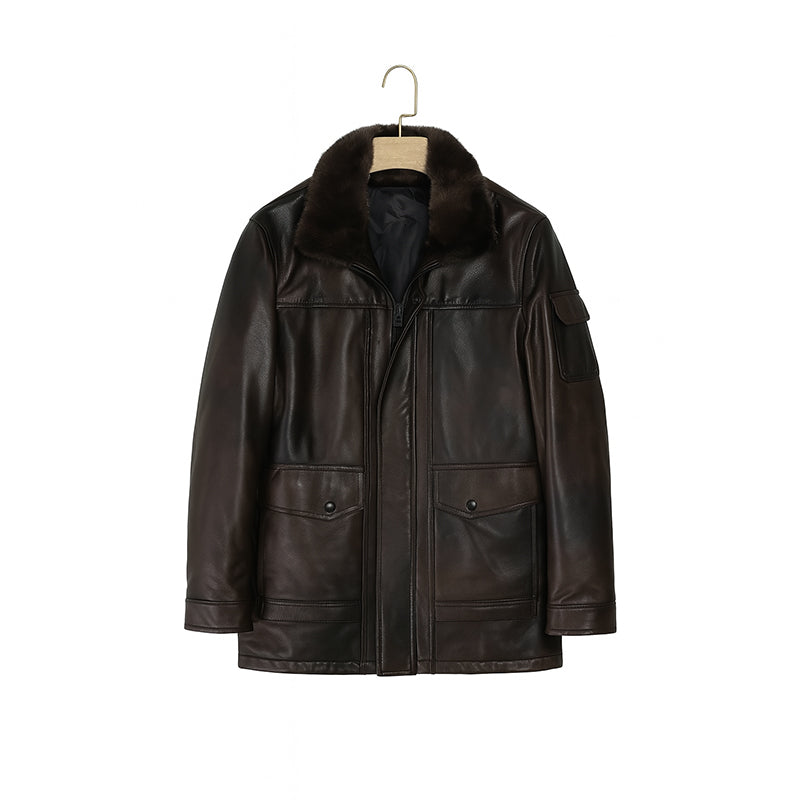 Men s Luxurious Brown Front Pocket Jacket with Fur Collar