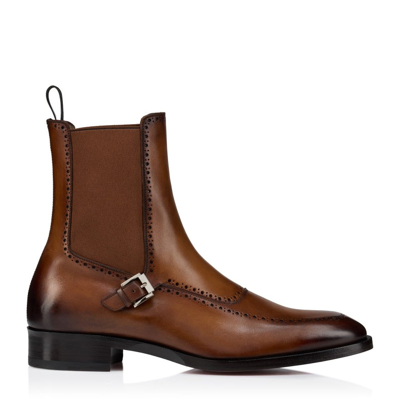 Luxury Chelsea Leather Side Buckle Strap Boot with Brogue Detailing