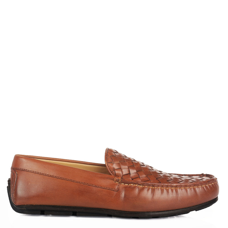 Leather Weaved Textured Driving Tan Loafer