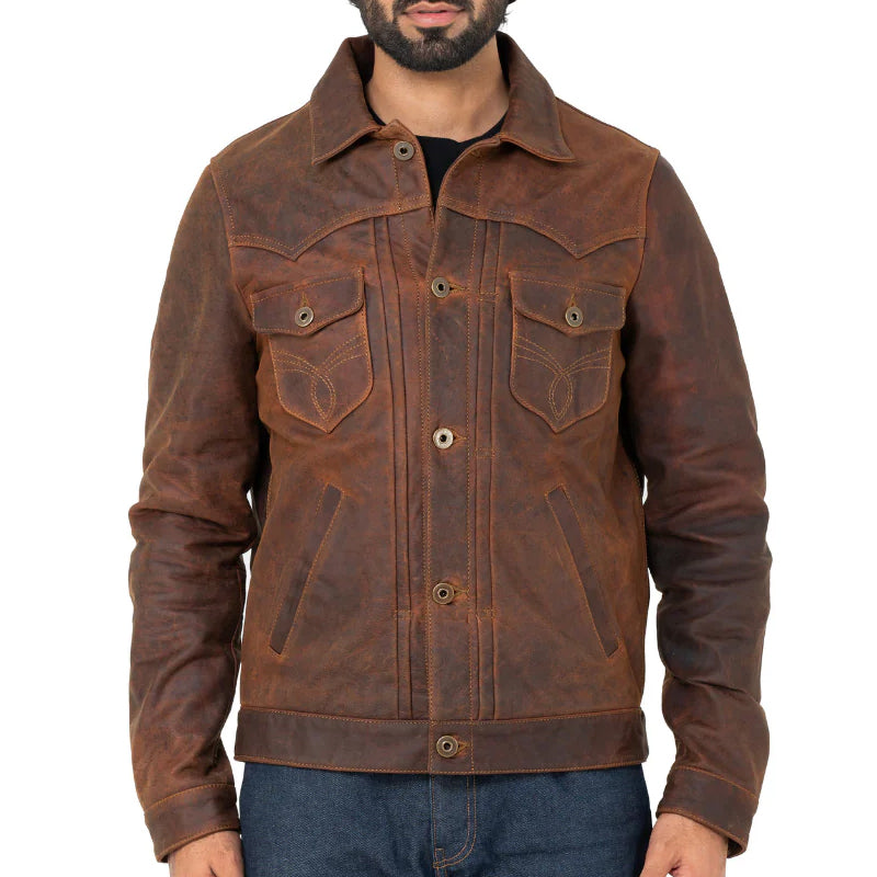 Men Solid Leather Trucker Jacket