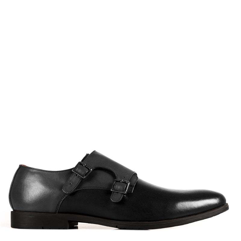 Leather Double Monk Strap Black and Gray Shoe For Men