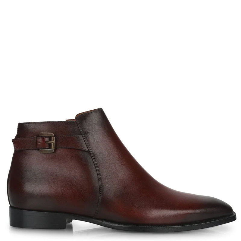 Men Solid Leather Side Zipper Brown Boot With Buckle
