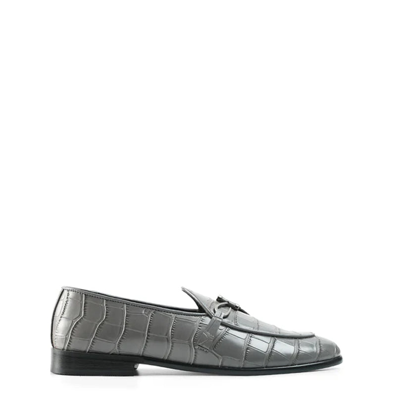 Croco Print Leather Stylish Black Loafer With Side Hook