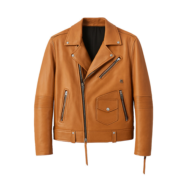 Men's Black Leather Biker Jacket with Zippers