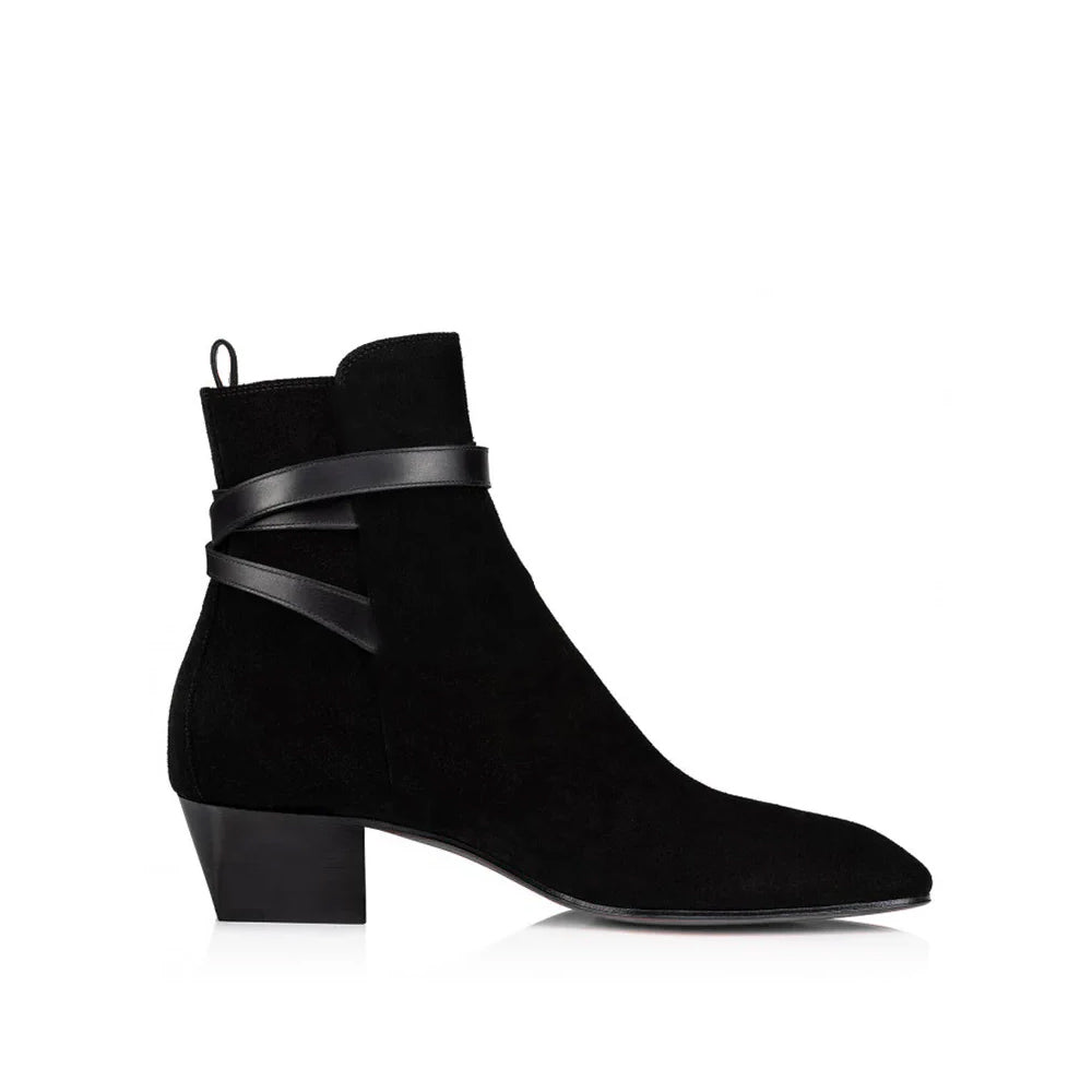 Suede Ankle Pointed Toe Boots With Buckle Strap