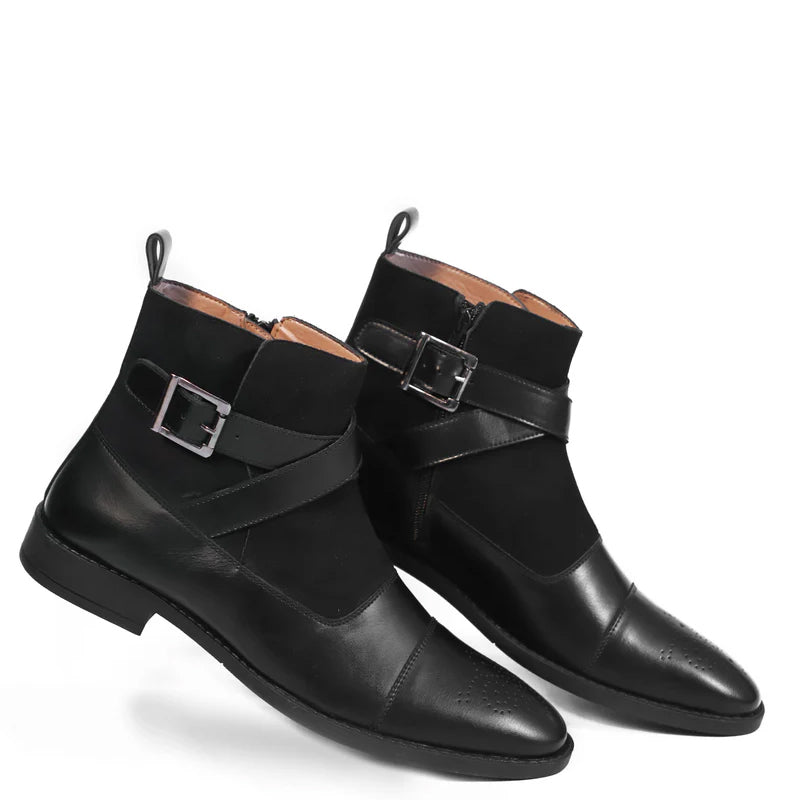 Leather Side Zip Up Buckled Ankle Black Boot