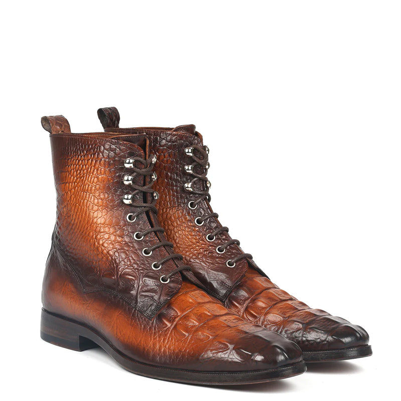 Croco Embossed Leather Lace Up Ankle Boots