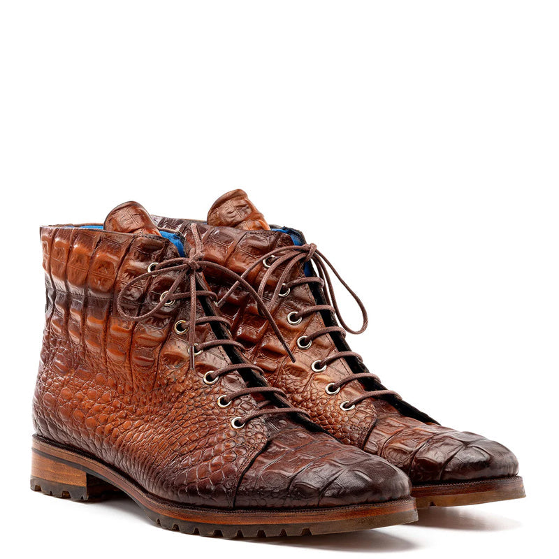 Hand Painted Croco Print Leather Lace Up Boot Burgundy