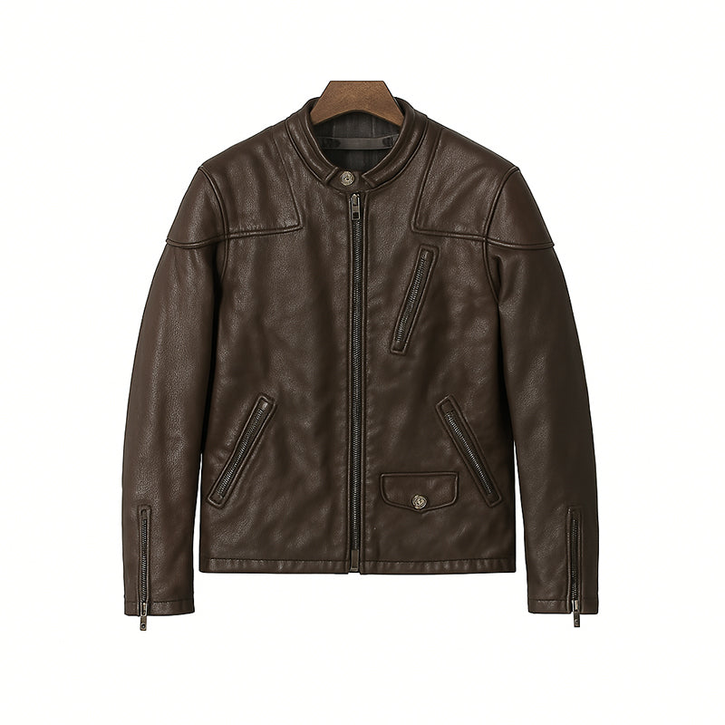Men’s Zip-Up Vintage Burgundy Biker Jacket with Stand Collar & Pockets