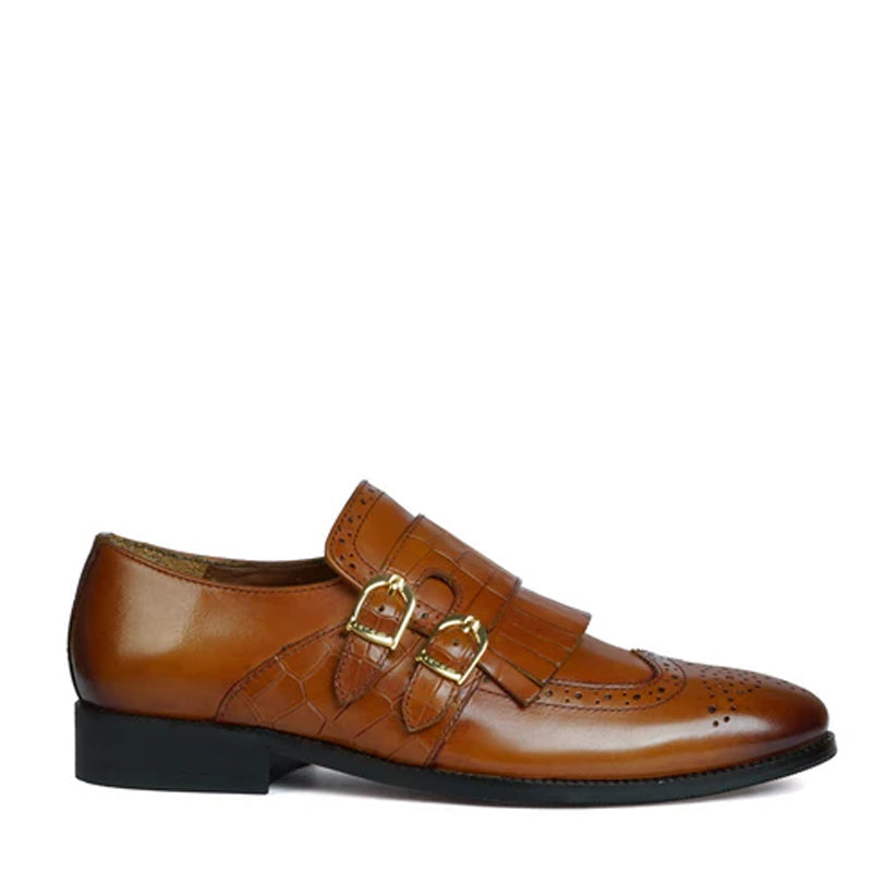 Croco Textured Double Monk Tan Shoe with Fringes