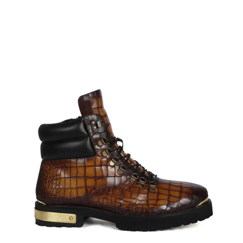 Croco Deep Cut Leather Lace-UP Ankle Boot